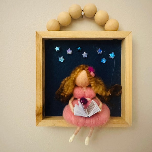 Girl reading the book under the stars, felt needled Waldorf inspired wall hanging, handmade room decor for kids’ room, gift ideas