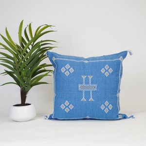 Blue Cactus Silk Pillow, Handwoven Moroccan Throw, 20x20