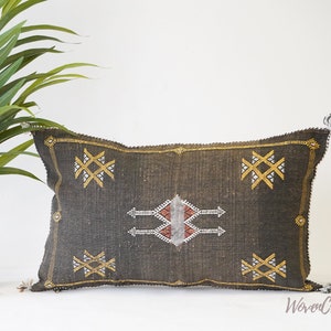 Moroccan Pillow - Cactus SILK Pillow 20x12 , small Lumbar Throw,  bohemian Sabra Pillow, Linen Pillow Cover - Brown