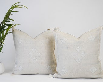 Greyish white Bohemian Cactus SILK Pillow 20x20, Decorative pillow, Sabra pillow, Moroccan Throw pillow