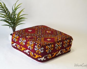 Handwoven Wool Floor Pillow: Moroccan Kilim Pouf Ottoman (24"X24"X8")