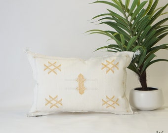 White Cactus Silk Pillow: Handwoven Berber Lumbar Throw (21"x13")