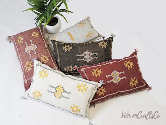 Handmade Moroccan Cactus Silk Pillow - Sabra Berber Cushion Cover - Boho Lumbar Throw Pillow - Tribal Embroidered Decorative Pillow - 20x12