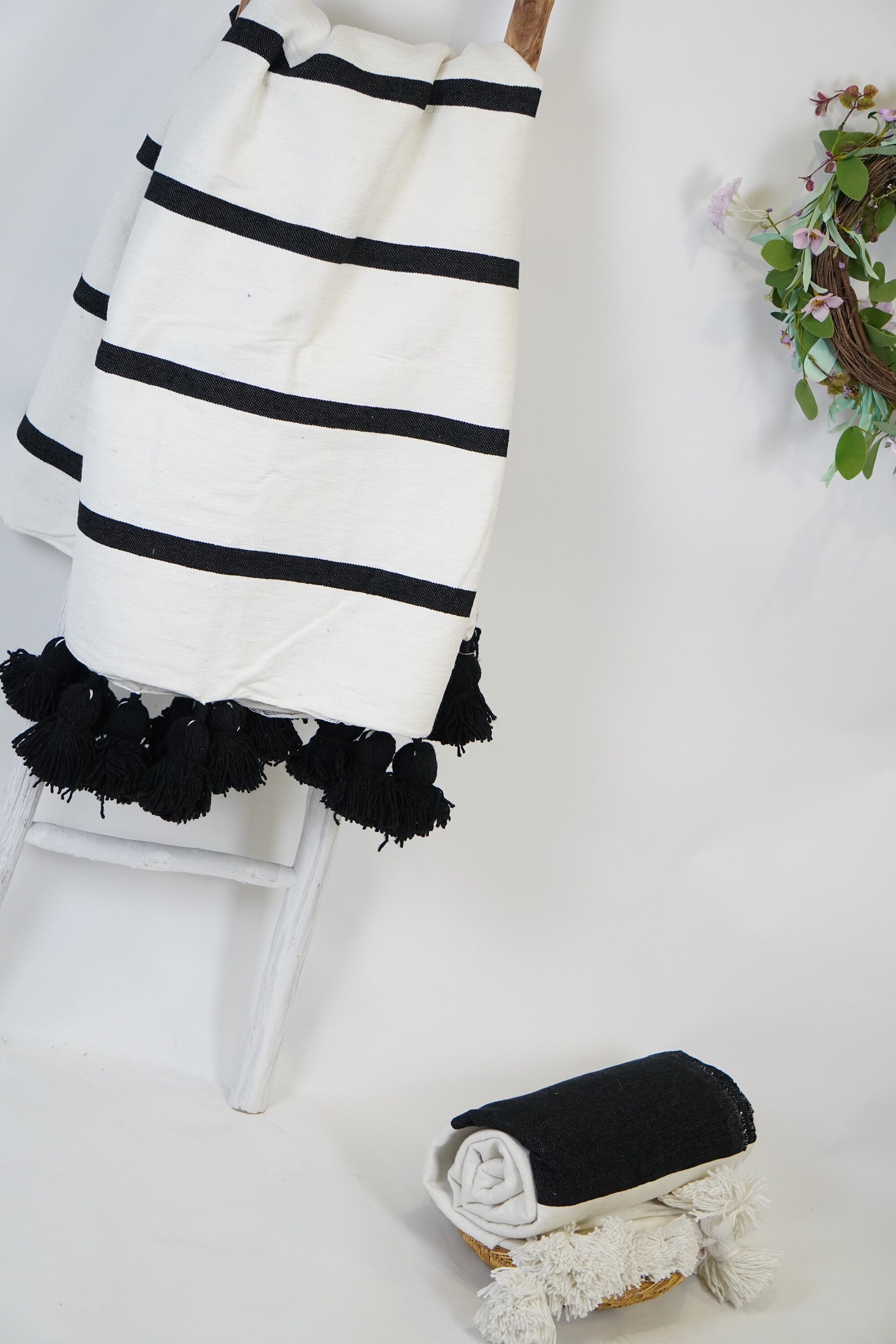 Black and White Moroccan Pom Pom Blanket Throw Handwoven Etsy UK