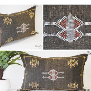 May include: A dark brown throw pillow with a geometric pattern in gold and white. The pillow has a fringe trim and is made of a woven fabric.