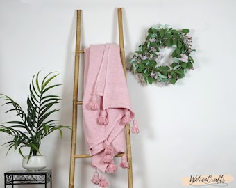 Pink Pom Pom Throw Blanket – Handwoven Organic Cotton, Bohemian Decor