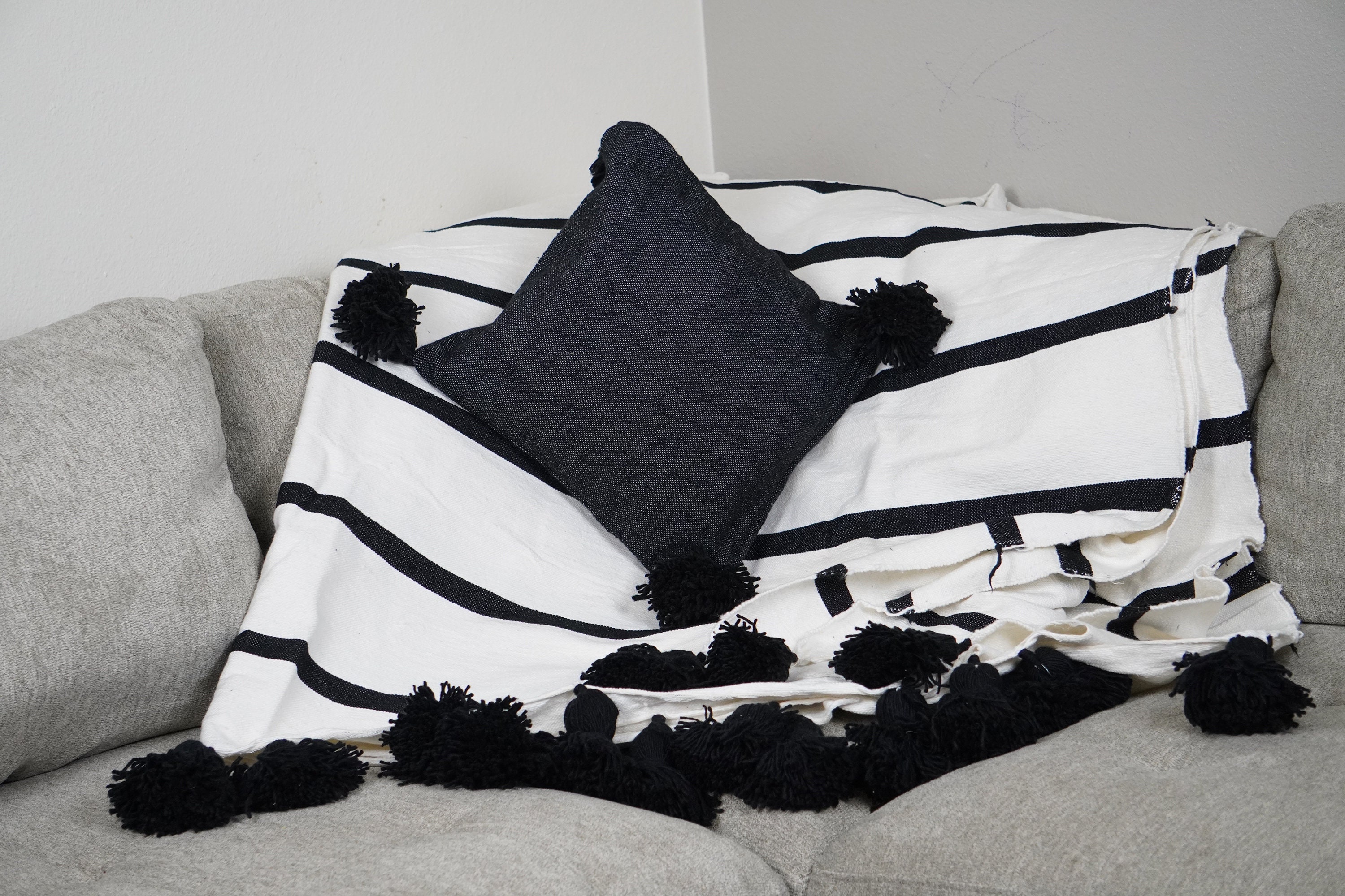 Black and White Moroccan Pom Pom Blanket Throw Handwoven Etsy UK