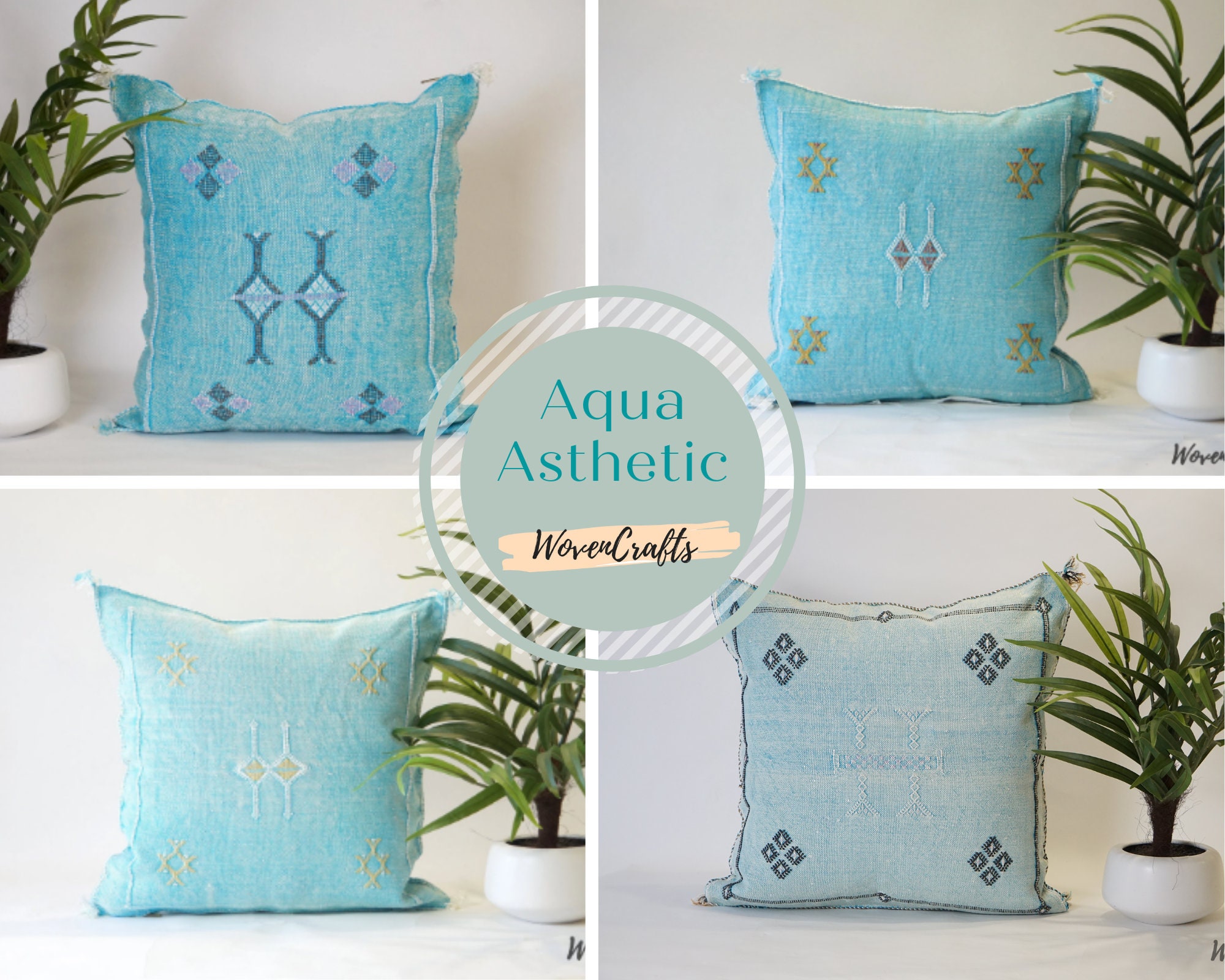 Aqua 20x20 Square Cotton Sari Silk Decorative Throw Pillow with
