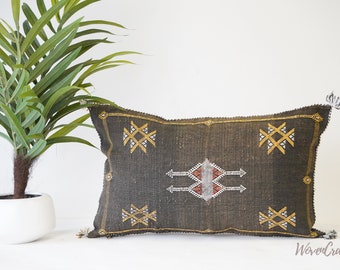 Moroccan Pillow - Cactus SILK Pillow 20x12 , small Lumbar Throw,  bohemian Sabra Pillow, Linen Pillow Cover - Brown