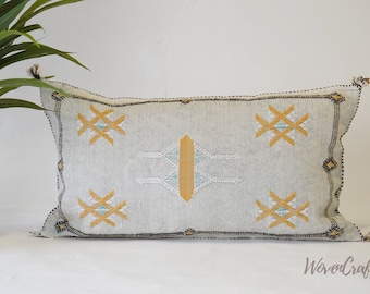 Washed Grey Cactus Silk Pillow: Bohemian Lumbar Throw, 12x20 Linen Cover