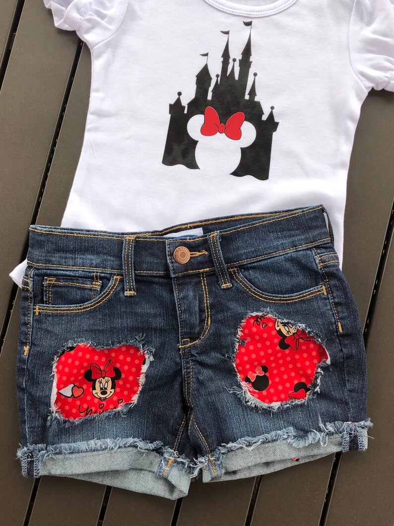 Minnie Mouse Distressed Denim Shorts 2 Piece Outfit Disney Castle and Minnie T Shirt