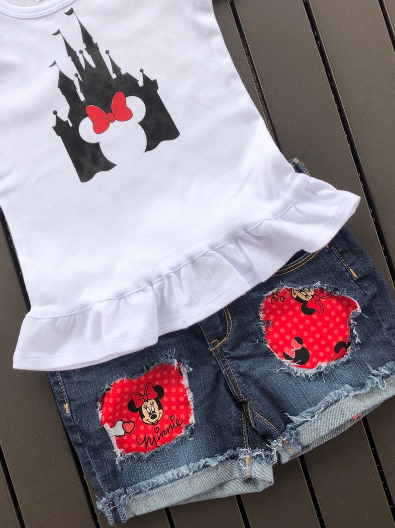Minnie Mouse Distressed Denim Shorts 2 Piece Outfit Disney Castle and Minnie T Shirt