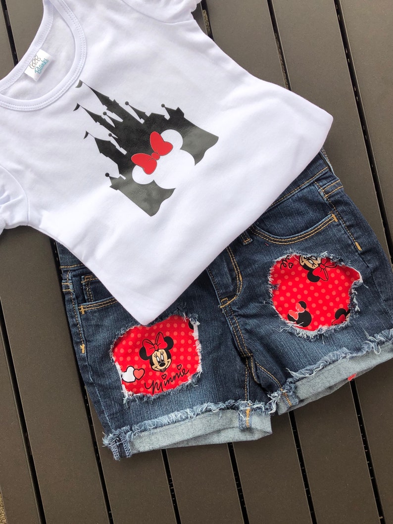 Minnie Mouse Distressed Denim Shorts 2 Piece Outfit Disney Castle and Minnie T Shirt