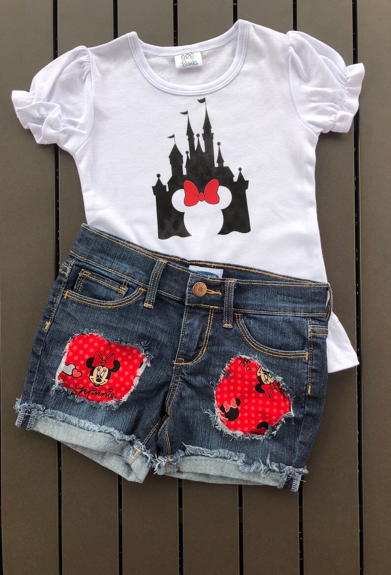 Minnie Mouse Distressed Denim Shorts 2 Piece Outfit Disney Castle and Minnie T Shirt