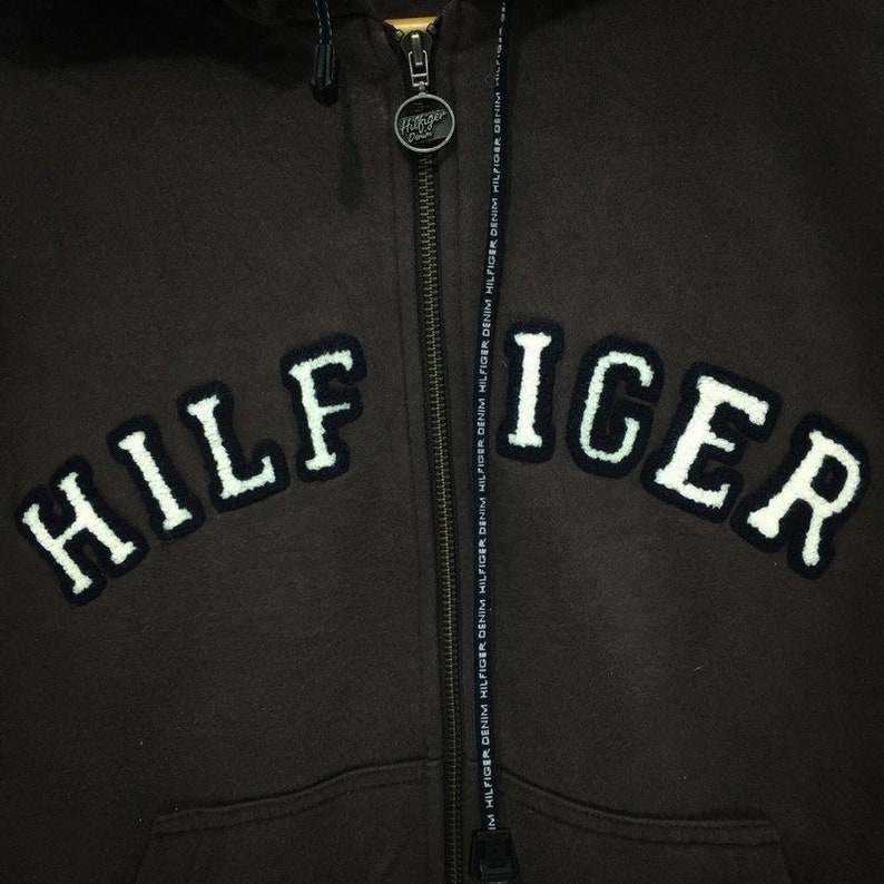 Vintage TOMMY HILFIGER Brown Hoodie Sweatshirt Spell Out Hilfiger Denim Size S