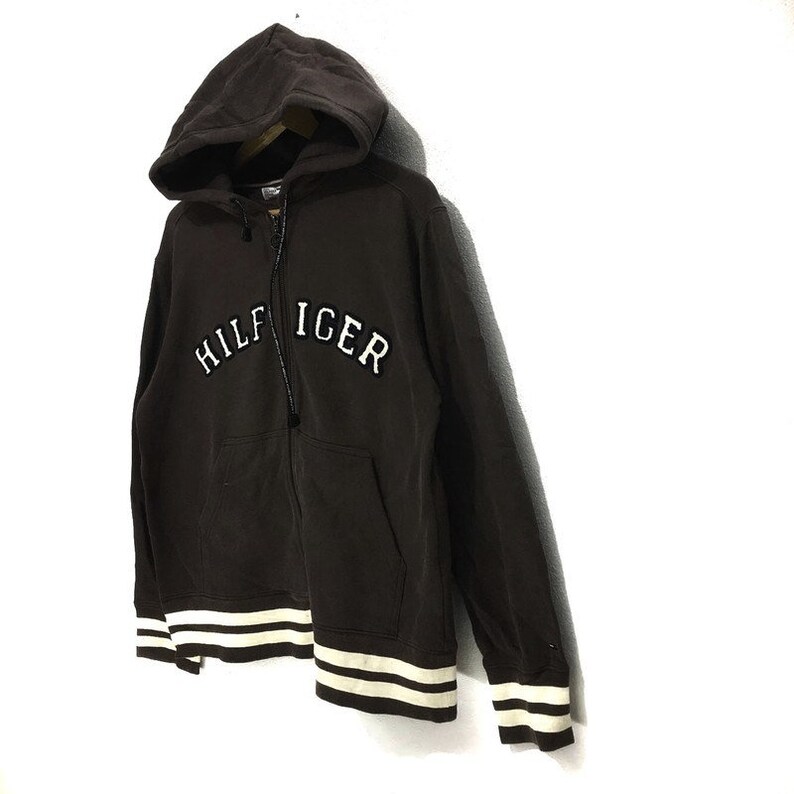 Vintage TOMMY HILFIGER Brown Hoodie Sweatshirt Spell Out Hilfiger Denim Size S