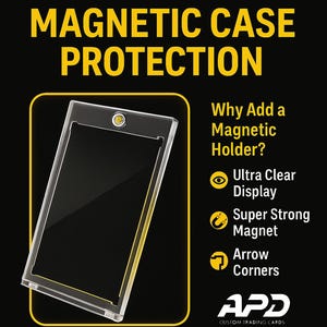 May include: A clear magnetic card holder with a yellow border is displayed against a black background. Text reads "UPGRADE YOUR CARDS WITH MAGNETIC CASE PROTECTION." Additional text highlights features like "Ultra Clear Display" and "Super Strong Magnet."