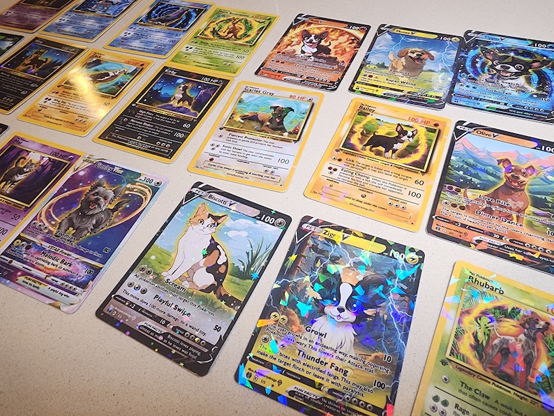 May include: A collection of colorful trading cards featuring various dog and cat illustrations. The cards have different designs, including images of dogs and cats, with text and numbers. Some cards have holographic effects.