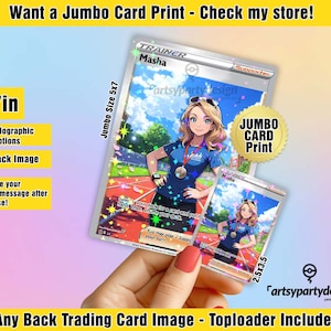 May include: A 5x7 inch jumbo card print of a female character with blonde hair and blue eyes. The card is holographic and has a silver border. The card is a Pokemon card and features the text "TRAINER Masha" and "Supporter". The card also features the text "JUMBO CARD Print".