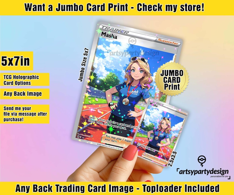 May include: A 5x7 inch jumbo card print of a female character with blonde hair and blue eyes. The card is holographic and has a silver border. The card is a Pokemon card and features the text "TRAINER Masha" and "Supporter". The card also features the text "JUMBO CARD Print".