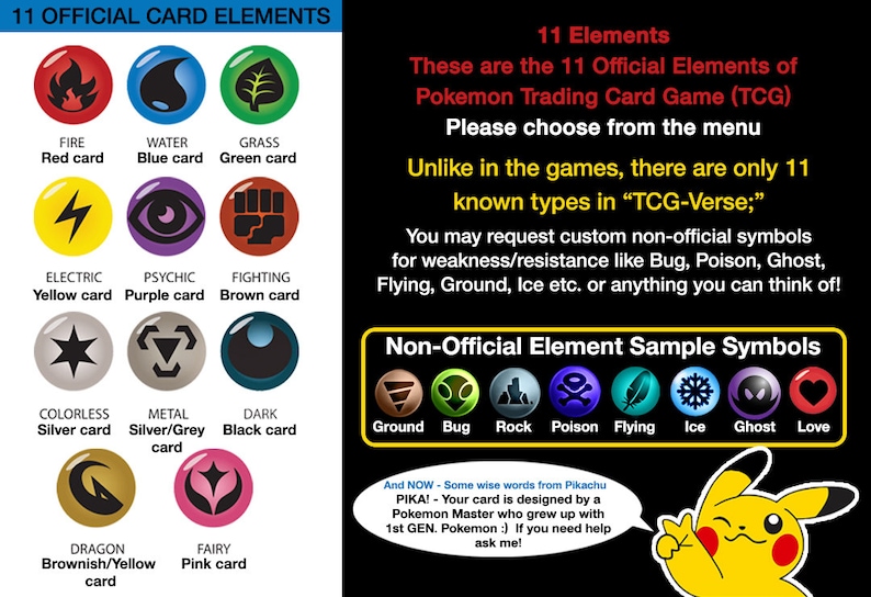 May include: A guide to Pokemon Trading Card Game (TCG) elements.  The guide shows 11 official elements with their symbols and card colors.  The elements are Fire, Water, Grass, Electric, Psychic, Fighting, Colorless, Metal, Dark, Dragon, and Fairy.  The guide also shows 11 non-official elements with their symbols and names.  The non-official elements are Ground, Bug, Rock, Poison, Flying, Ice, Ghost, Love, and a Pikachu illustration.