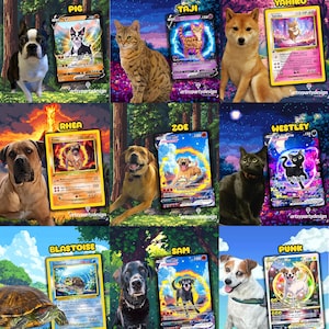 May include: A collection of custom pet-themed trading cards featuring various dog breeds, a cat, and a turtle. Each card has a unique design with the pet's name and a stylized illustration. The cards are set against colorful backgrounds.