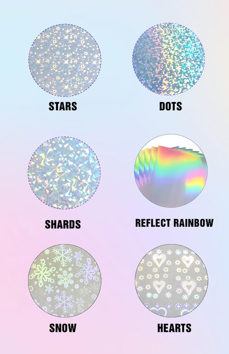 Puede incluir: Seis patrones holográficos diferentes: estrellas, puntos, fragmentos, arcoíris reflectante, nieve y corazones. Cada patrón se muestra en un círculo sobre un fondo azul claro.