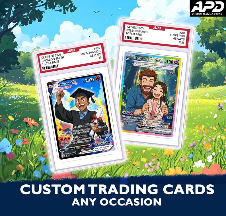 May include: Two custom trading cards with a Pokemon card design. The first card is blue and features a black man in a graduation cap and gown holding a diploma. The card text reads 'Class of 2025 Jackson Smith Ultra Rare' and 'Masters of Physics'. The second card is pink and features a man and woman smiling. The card text reads 'Daddy & Emi' and 'Dynamic Duo'. Both cards have a holographic border and are encased in a clear plastic sleeve.