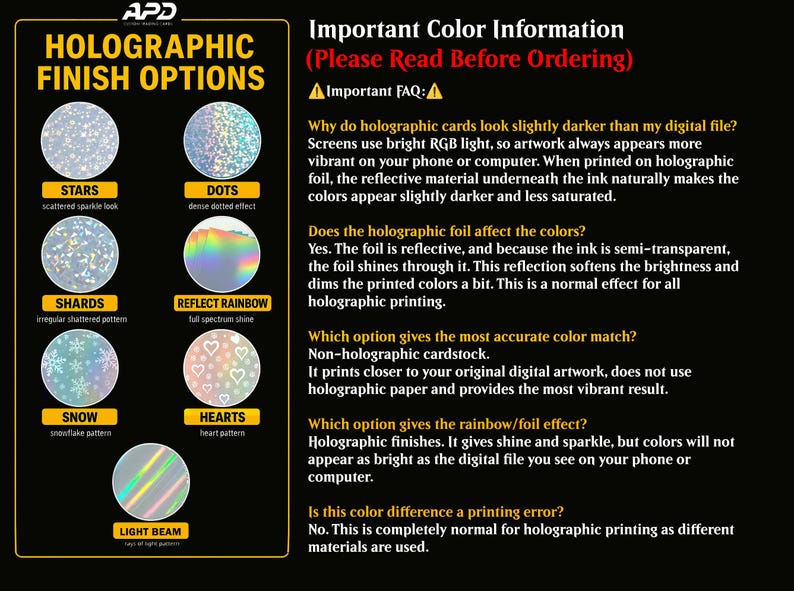 May include: Informational graphic detailing holographic finish options for cards. Options include Stars, Dots, Shards, Reflect Rainbow, Snow, Hearts, and Light Beam. Text explains color differences in holographic printing.