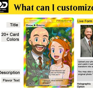 May include: Custom trading card featuring a cartoon couple, "Drew & Emma," with a holographic background. The card includes text fields for title, description, and flavor text, along with a live form preview and holographic option.