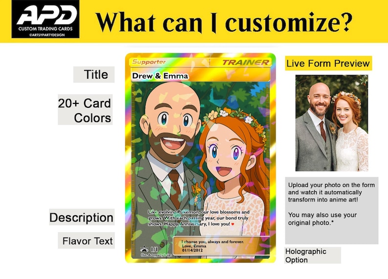 May include: Custom trading card featuring a cartoon couple, "Drew & Emma," with a holographic background. The card includes text fields for title, description, and flavor text, along with a live form preview and holographic option.