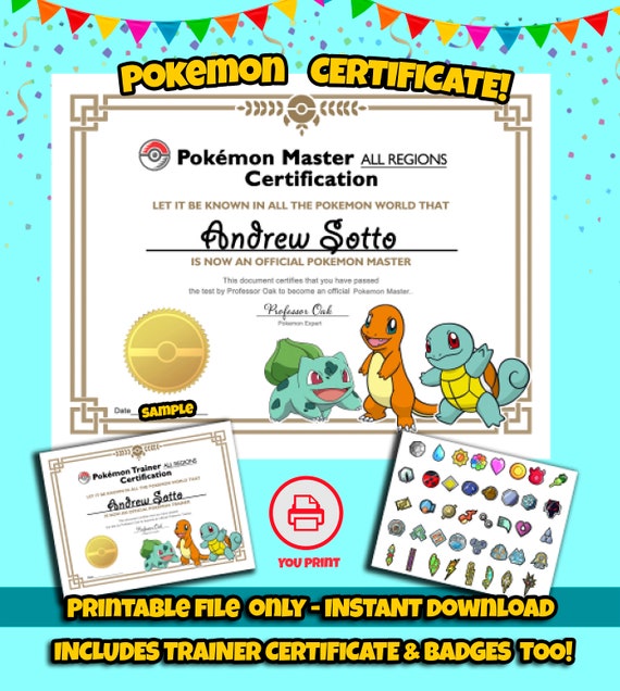 Pokemon Trainer Certificate Instant Download Pokemon Master - Etsy