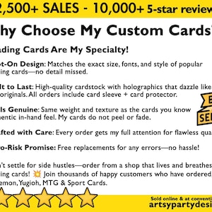 May include: A yellow and white graphic promoting custom trading cards. Text highlights features like spot-on design, high-quality cardstock, and a zero-risk promise. Includes a "Best Seller" badge and customer testimonials.