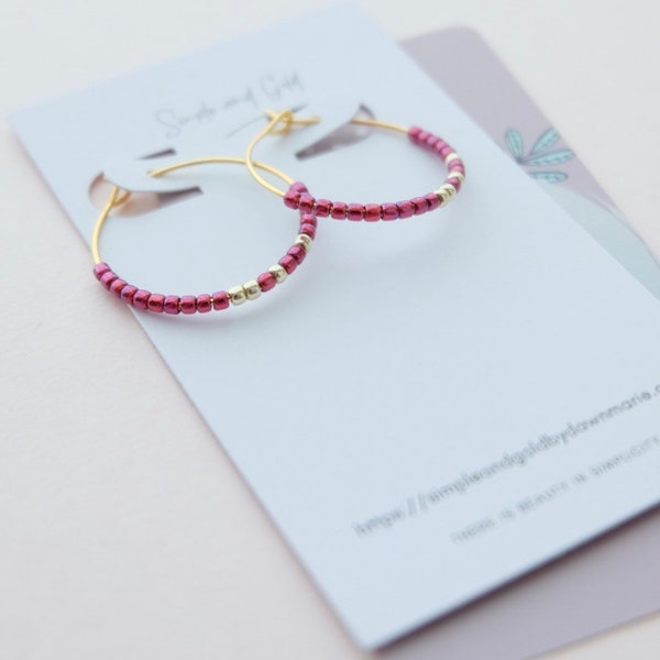 Pink Beaded Hoop Earrings - Gold and Pink Earrings - Pink Hoops - Seed Bead Hoop Earrings - Simple Hoop Earrings - Hoop Earrings