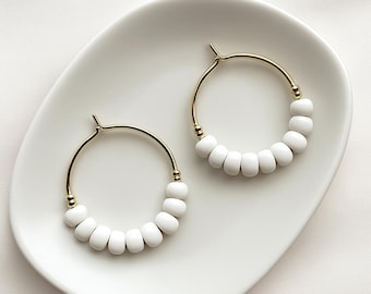 Gold Hoop Earrings with White Beads – Minimalist Beaded Hoops – Lightweight Statement Earrings – Handmade Jewelry Gift for Her