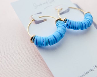 Light Blue and Gold Beaded Hoop Earrings - Colorful Hoop Earrings - Blue Hoop Earrings - Colorful Earrings - Colorful Jewelry