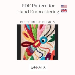 Puede incluir: Un patrón de bordado de mariposa colorido, con un ojo azul brillante y una variedad de colores, incluyendo rojo, amarillo, verde y morado. El patrón está sobre un fondo blanco y es perfecto para el bordado a mano.