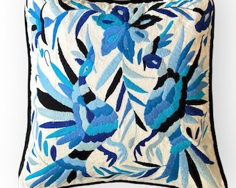 Otomi Hand Embroidered Pillow | Shades of Blue Dream Garden | Mexican textile | Pillow insert included