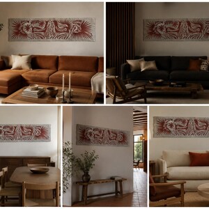 May include: A long, rectangular wall hanging featuring a detailed, symmetrical pattern in deep red on a light beige fabric background. The design depicts stylized animals and intricate botanical motifs, creating a continuous horizontal composition.