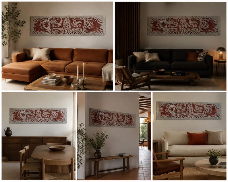 May include: A long, rectangular wall hanging featuring a detailed, symmetrical pattern in deep red on a light beige fabric background. The design depicts stylized animals and intricate botanical motifs, creating a continuous horizontal composition.