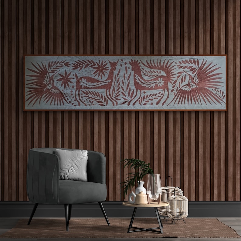 Mexican Tapestry Wall Art | Custom Embroidery Design | Gift for art lover | Stitched Art | Terracotta Crimson Garden from Tenango de Doria image 3
