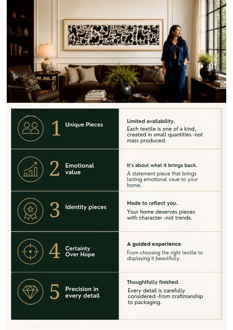 May include: An infographic with five numbered points on a dark green background. The text lists: 1 Unique Pieces, 2 Emotional value, 3 Identity pieces, 4 Certainty Over Hope, and 5 Precision in every detail, with descriptions for each point.