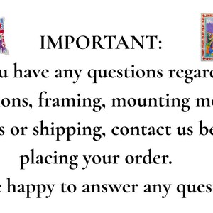 May include: A rectangular throw pillow with a colorful animal and floral pattern and a framed rectangular artwork featuring a vibrant scene with figures and animals, accompanied by text that reads: IMPORTANT: If you have any questions regarding dimensions, framing, mounting methods, colors or shipping, contact us before placing your order. We're happy to answer any question!