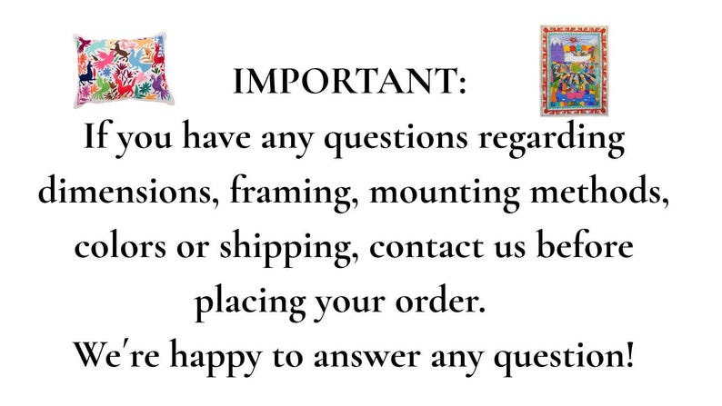 May include: A rectangular throw pillow with a colorful animal and floral pattern and a framed rectangular artwork featuring a vibrant scene with figures and animals, accompanied by text that reads: IMPORTANT: If you have any questions regarding dimensions, framing, mounting methods, colors or shipping, contact us before placing your order. We're happy to answer any question!