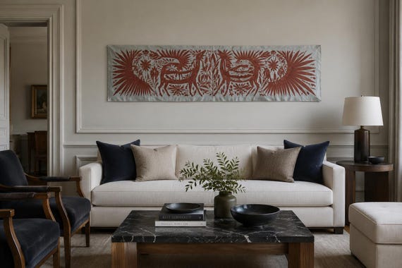 Mexican Tapestry Wall Art | Boho Embroidery | Customizable Wall Art | Gift for art lover | Embroidered Wall Art | Terracota Crimson Garden
