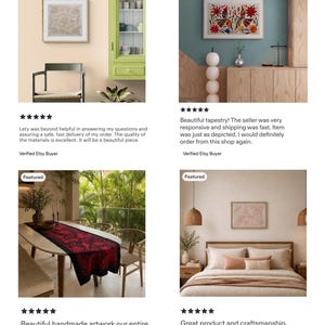 May include: A collage of four interior scenes featuring framed wall art, a green cabinet, a wooden sideboard, a dining table with a black and red runner, and a bed with neutral bedding, all labeled with a featured tag and five-star reviews.