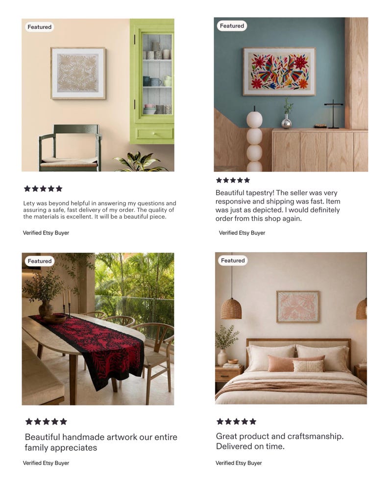 May include: A collage of four interior scenes featuring framed wall art, a green cabinet, a wooden sideboard, a dining table with a black and red runner, and a bed with neutral bedding, all labeled with a featured tag and five-star reviews.