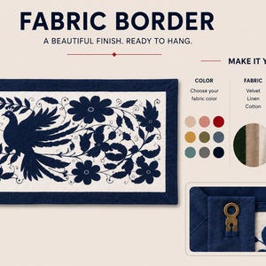 May include: A rectangular fabric wall hanging with a dark blue border and a cream-colored center featuring a dark blue embroidered peacock and floral design. Includes a metal hanging ring on the back and text options for color, fabric, and 3.5 inch border width.