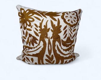 Otomi Embroidery Pillow | Ocher embroidery & Ivory | Handmade Mexican Textile Decor | Pillow insert included