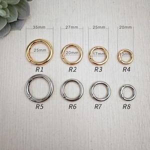 Può includere: Una collezione di anelli a molla in metallo dorato e argentato di varie dimensioni. Gli anelli dorati variano da 20 mm a 35 mm di diametro. Gli anelli argentati variano da 13 mm a 35 mm di diametro. Ogni anello è etichettato con una misura.